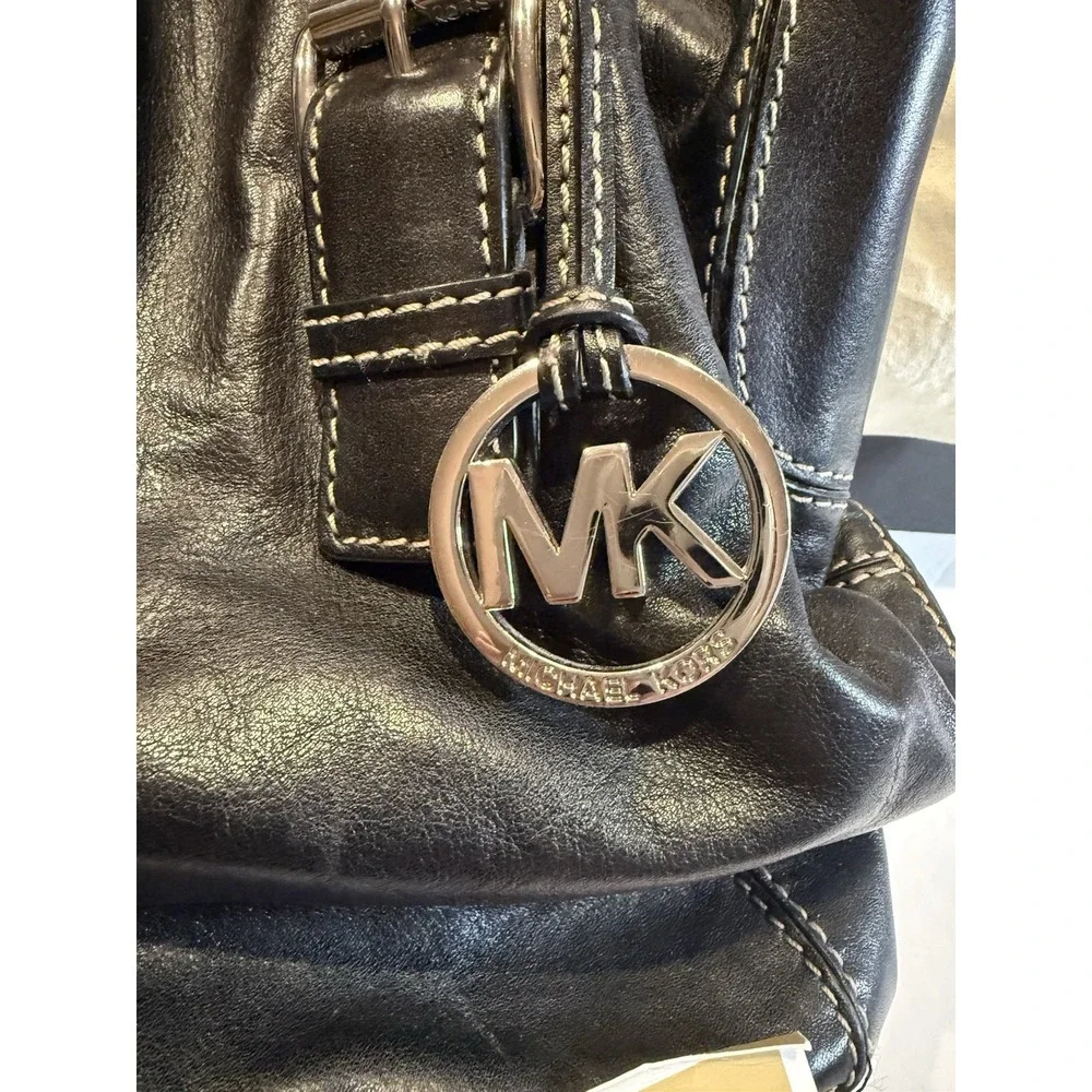 Michael Kors Black Leather Satchel Top Handle Bag Silver Hardware A-0807